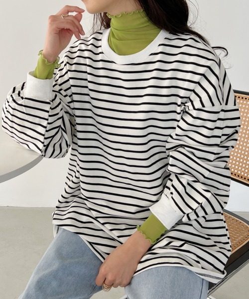 CLEA(クレア)の「ボーダールーズプルオーバートップス(Tシャツ/カットソー・レディース・ブラック系その他/ブラック/ホワイト系その他/ベージュ・FREE)」の2枚目の写真