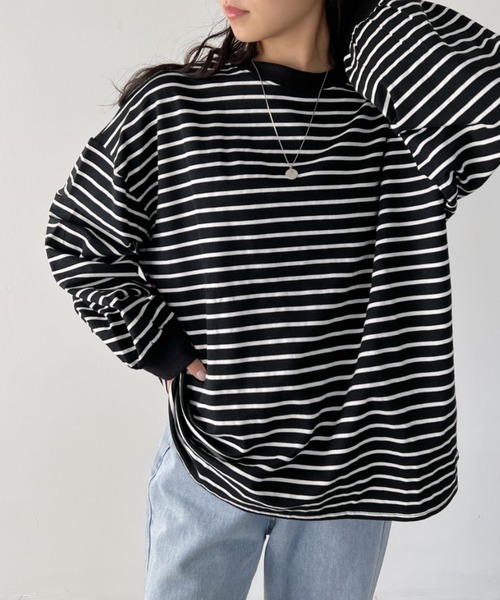 CLEA(クレア)の「ボーダールーズプルオーバートップス(Tシャツ/カットソー・レディース・ブラック系その他/ブラック/ホワイト系その他/ベージュ・FREE)」の4枚目の写真