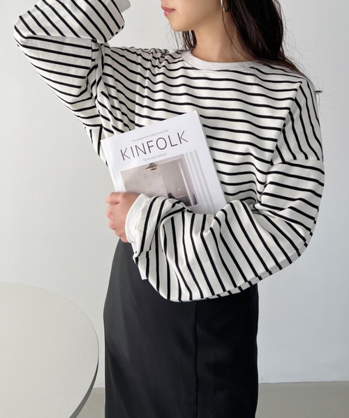 CLEA(クレア)の「ボーダールーズプルオーバートップス(Tシャツ/カットソー・レディース・ブラック系その他/ブラック/ホワイト系その他/ベージュ・FREE)」の9枚目の写真