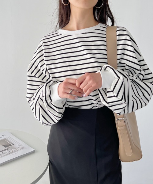CLEA(クレア)の「ボーダールーズプルオーバートップス(Tシャツ/カットソー・レディース・ブラック系その他/ブラック/ホワイト系その他/ベージュ・FREE)」の8枚目の写真