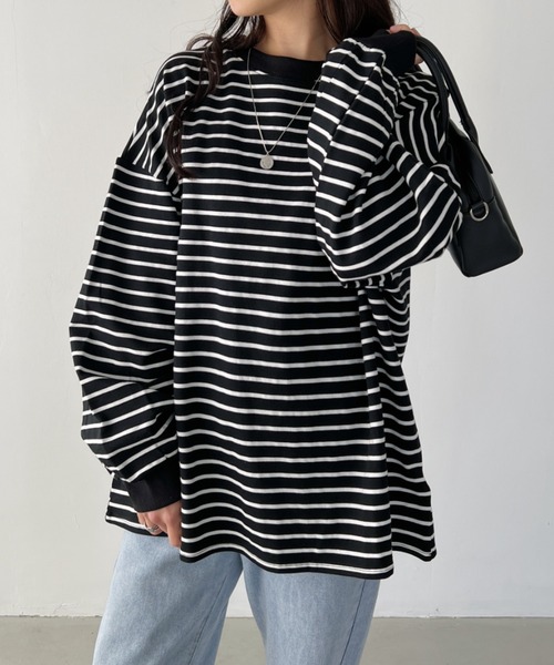 CLEA(クレア)の「ボーダールーズプルオーバートップス(Tシャツ/カットソー・レディース・ブラック系その他/ブラック/ホワイト系その他/ベージュ・FREE)」の7枚目の写真
