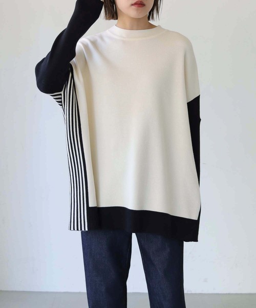 vingtrois（バントロア）の「【Vingtrois】クルーネックボーダーポンチョニット（ニット/セーター・レディース・グリーン/モカ/ホワイト×ブラック/ブラック×ホワイト・M）」の2枚目の写真