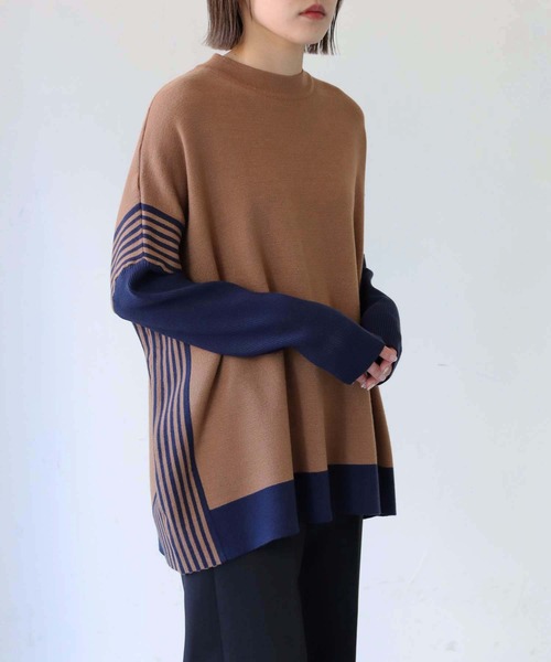 vingtrois（バントロア）の「【Vingtrois】クルーネックボーダーポンチョニット（ニット/セーター・レディース・グリーン/モカ/ホワイト×ブラック/ブラック×ホワイト・M）」の4枚目の写真