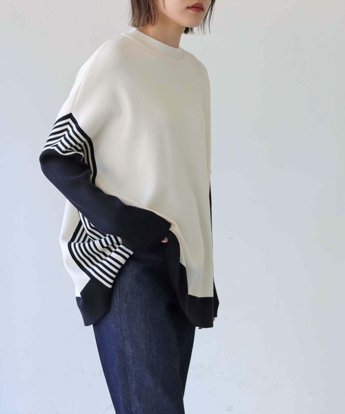 vingtrois（バントロア）の「【Vingtrois】クルーネックボーダーポンチョニット（ニット/セーター・レディース・グリーン/モカ/ホワイト×ブラック/ブラック×ホワイト・M）」の10枚目の写真
