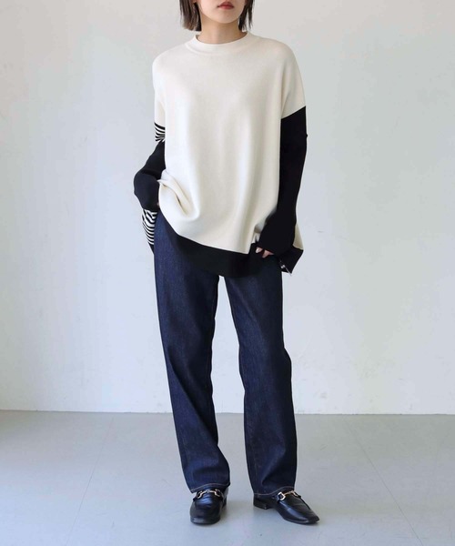 vingtrois（バントロア）の「【Vingtrois】クルーネックボーダーポンチョニット（ニット/セーター・レディース・グリーン/モカ/ホワイト×ブラック/ブラック×ホワイト・M）」の12枚目の写真