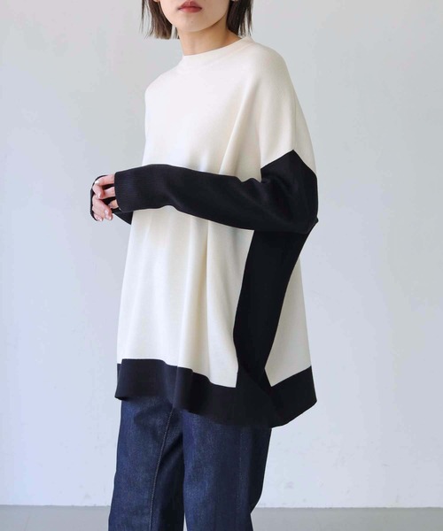 vingtrois（バントロア）の「【Vingtrois】クルーネックボーダーポンチョニット（ニット/セーター・レディース・グリーン/モカ/ホワイト×ブラック/ブラック×ホワイト・M）」の9枚目の写真