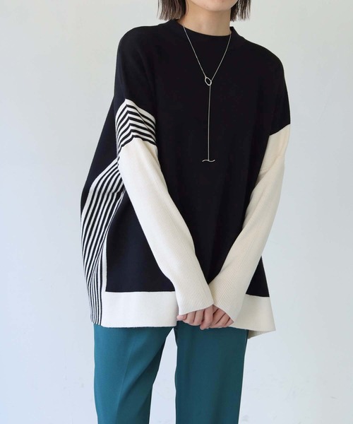 vingtrois（バントロア）の「【Vingtrois】クルーネックボーダーポンチョニット（ニット/セーター・レディース・グリーン/モカ/ホワイト×ブラック/ブラック×ホワイト・M）」の15枚目の写真