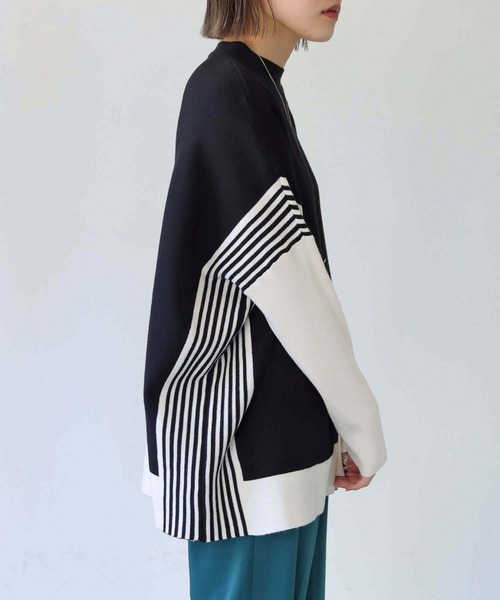 vingtrois（バントロア）の「【Vingtrois】クルーネックボーダーポンチョニット（ニット/セーター・レディース・グリーン/モカ/ホワイト×ブラック/ブラック×ホワイト・M）」の19枚目の写真