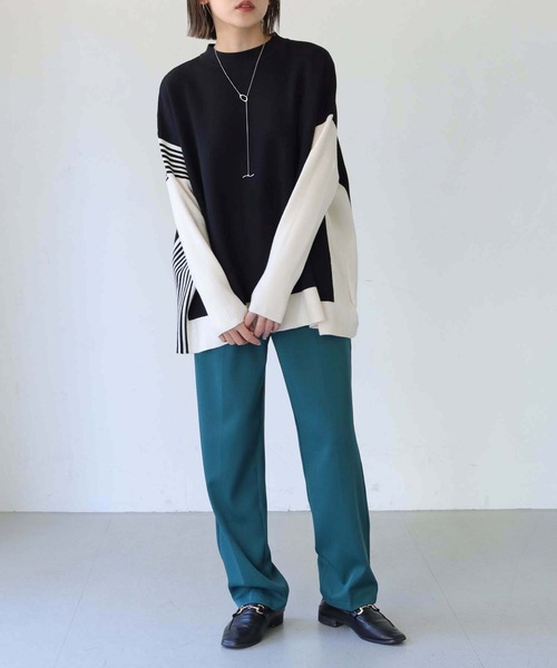 vingtrois（バントロア）の「【Vingtrois】クルーネックボーダーポンチョニット（ニット/セーター・レディース・グリーン/モカ/ホワイト×ブラック/ブラック×ホワイト・M）」の20枚目の写真