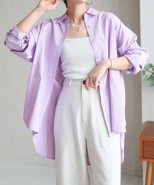 Social GIRL(ソーシャルガール)の「2WAYオープンスリーブストライプシャツ(シャツ/ブラウス・レディース・ネイビー/ピンク・M)」の2枚目の写真