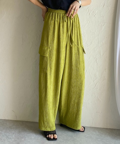 プリーツプリーズ　ベージュ プリーツ　カーゴパンツ風 セール】ハイウエスト楊柳プリーツストレートワイドカーゴパンツ