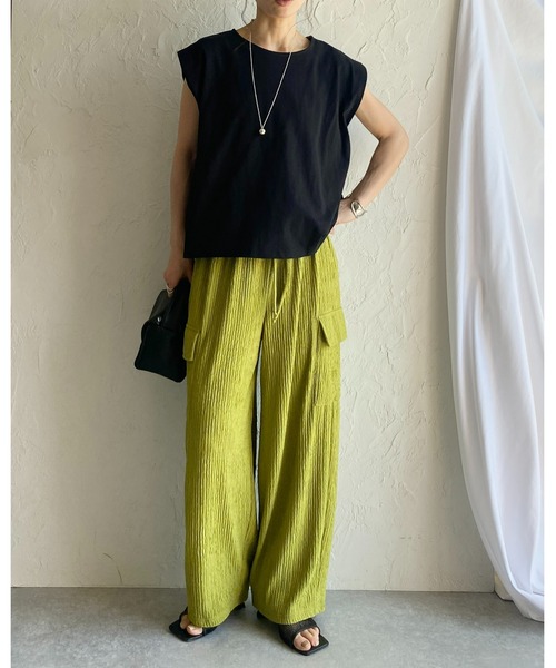 She's Closet(シーズクローゼット)の「ハイウエスト楊柳プリーツストレートワイドカーゴパンツ(その他パンツ・レディース・ブラック/グリーン/ベージュ・FREE)」の4枚目の写真