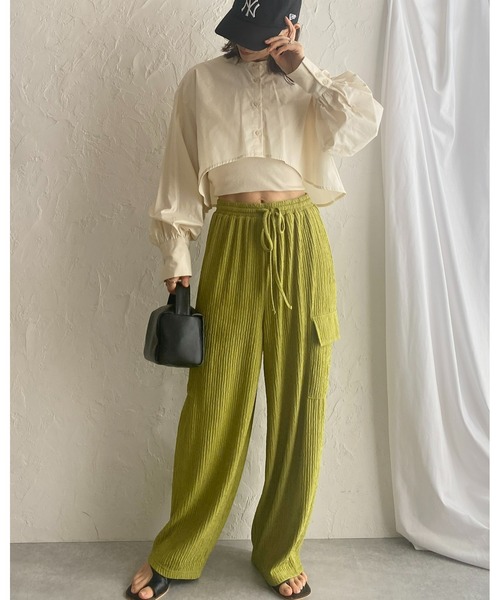 セール】ハイウエスト楊柳プリーツストレートワイドカーゴパンツ