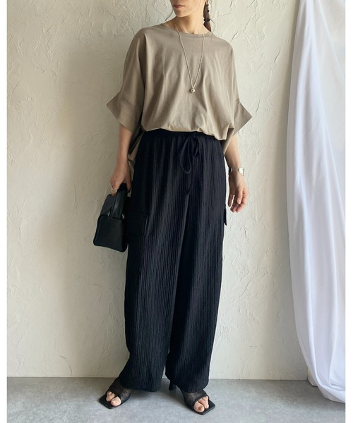セール】ハイウエスト楊柳プリーツストレートワイドカーゴパンツ
