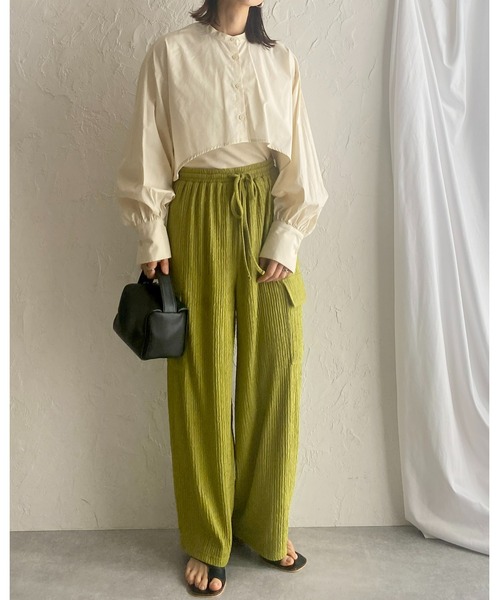 セール】ハイウエスト楊柳プリーツストレートワイドカーゴパンツ