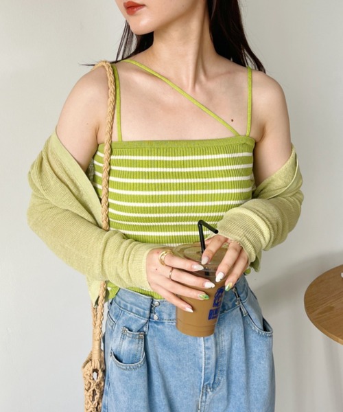 CLEA（クレア）の「ボーダーアシメキャミSET ボレロアンサンブル（カーディガン/ボレロ・レディース・グリーン/アイボリー/ブラック・FREE）」の3枚目の写真