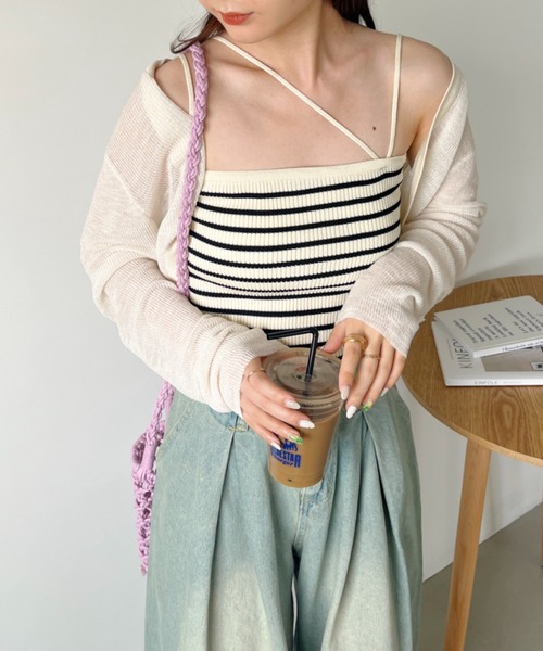 CLEA（クレア）の「ボーダーアシメキャミSET ボレロアンサンブル（カーディガン/ボレロ・レディース・グリーン/アイボリー/ブラック・FREE）」の10枚目の写真