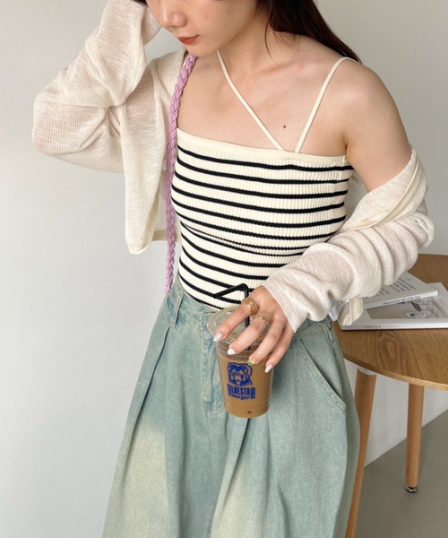 CLEA（クレア）の「ボーダーアシメキャミSET ボレロアンサンブル（カーディガン/ボレロ・レディース・グリーン/アイボリー/ブラック・FREE）」の5枚目の写真