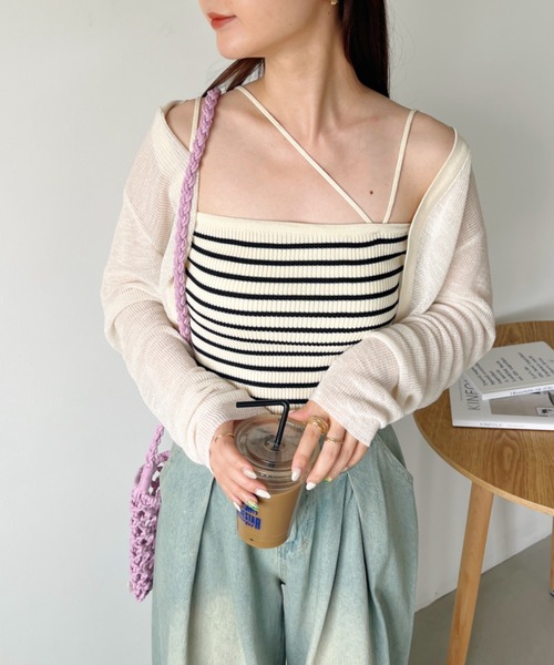 CLEA（クレア）の「ボーダーアシメキャミSET ボレロアンサンブル（カーディガン/ボレロ・レディース・グリーン/アイボリー/ブラック・FREE）」の4枚目の写真