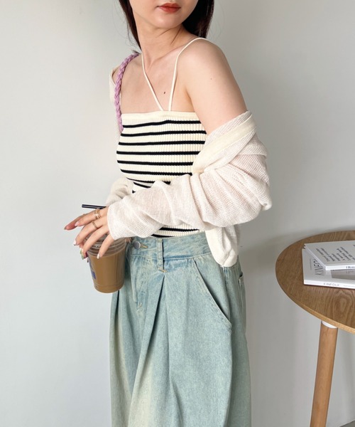 CLEA（クレア）の「ボーダーアシメキャミSET ボレロアンサンブル（カーディガン/ボレロ・レディース・グリーン/アイボリー/ブラック・FREE）」の9枚目の写真