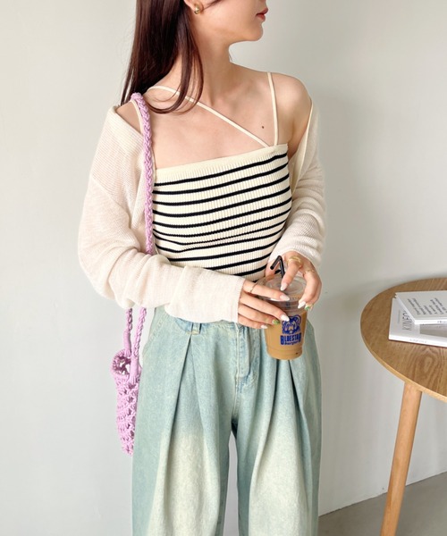 CLEA（クレア）の「ボーダーアシメキャミSET ボレロアンサンブル（カーディガン/ボレロ・レディース・グリーン/アイボリー/ブラック・FREE）」の7枚目の写真