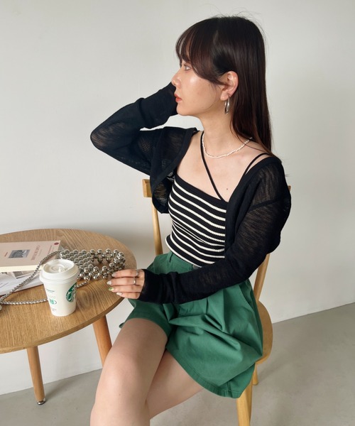 CLEA（クレア）の「ボーダーアシメキャミSET ボレロアンサンブル（カーディガン/ボレロ・レディース・グリーン/アイボリー/ブラック・FREE）」の19枚目の写真