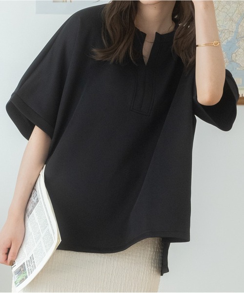 Ada.（エイダ）の「体型カバー キーネックポンチ オーバーサイズトップス（Tシャツ/カットソー・レディース・ホワイト/ブラック・FREE）」の3枚目の写真