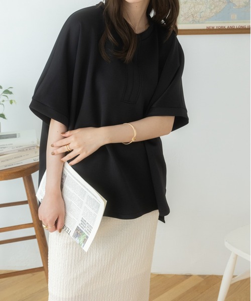 Ada.（エイダ）の「体型カバー キーネックポンチ オーバーサイズトップス（Tシャツ/カットソー・レディース・ホワイト/ブラック・FREE）」の5枚目の写真