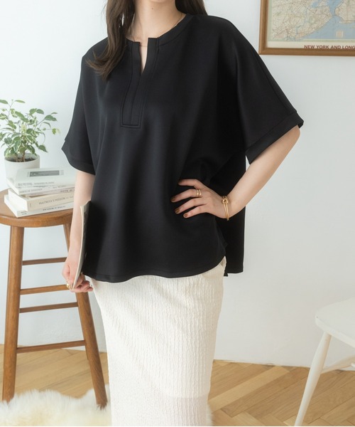 Ada.（エイダ）の「体型カバー キーネックポンチ オーバーサイズトップス（Tシャツ/カットソー・レディース・ホワイト/ブラック・FREE）」の6枚目の写真