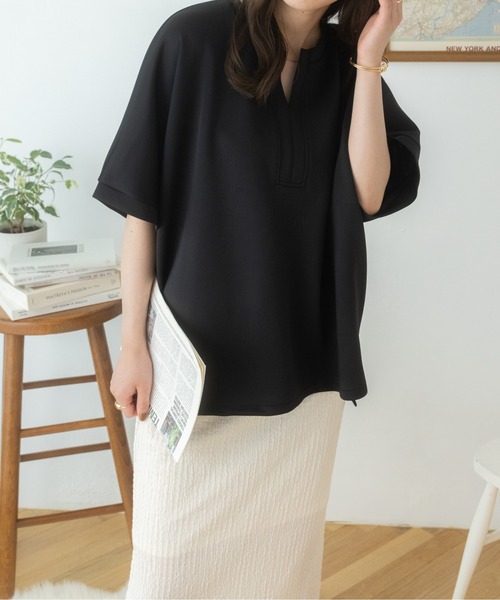 Ada.（エイダ）の「体型カバー キーネックポンチ オーバーサイズトップス（Tシャツ/カットソー・レディース・ホワイト/ブラック・FREE）」の7枚目の写真
