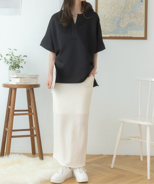 Ada.（エイダ）の「体型カバー キーネックポンチ オーバーサイズトップス（Tシャツ/カットソー・レディース・ホワイト/ブラック・FREE）」の8枚目の写真