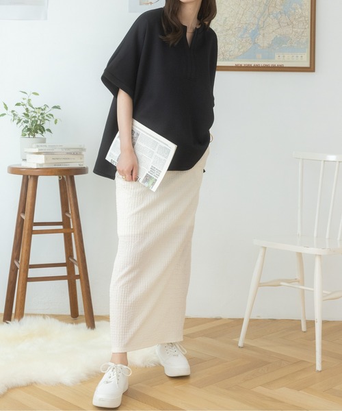 Ada.（エイダ）の「体型カバー キーネックポンチ オーバーサイズトップス（Tシャツ/カットソー・レディース・ホワイト/ブラック・FREE）」の10枚目の写真
