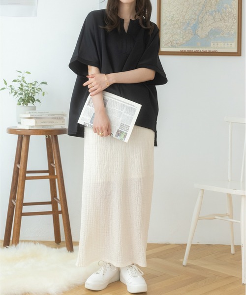 Ada.（エイダ）の「体型カバー キーネックポンチ オーバーサイズトップス（Tシャツ/カットソー・レディース・ホワイト/ブラック・FREE）」の11枚目の写真