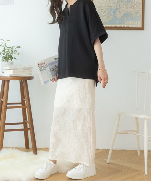 Ada.（エイダ）の「体型カバー キーネックポンチ オーバーサイズトップス（Tシャツ/カットソー・レディース・ホワイト/ブラック・FREE）」の12枚目の写真