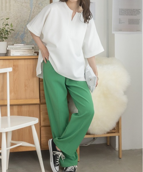 Ada.（エイダ）の「体型カバー キーネックポンチ オーバーサイズトップス（Tシャツ/カットソー・レディース・ホワイト/ブラック・FREE）」の15枚目の写真