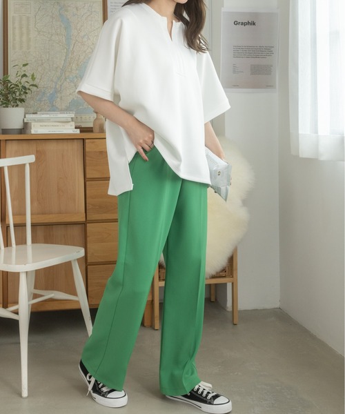 Ada.（エイダ）の「体型カバー キーネックポンチ オーバーサイズトップス（Tシャツ/カットソー・レディース・ホワイト/ブラック・FREE）」の16枚目の写真