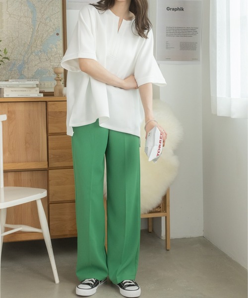 Ada.（エイダ）の「体型カバー キーネックポンチ オーバーサイズトップス（Tシャツ/カットソー・レディース・ホワイト/ブラック・FREE）」の17枚目の写真
