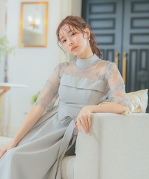 Retica（レティカ）の「パーティードレス ビスチェ風 切り替え レーススリーブ Aライン ミモレ丈 ワンピース 結婚式 低身長 20代 30代 大きいサイズ お呼ばれ（ワンピース）」