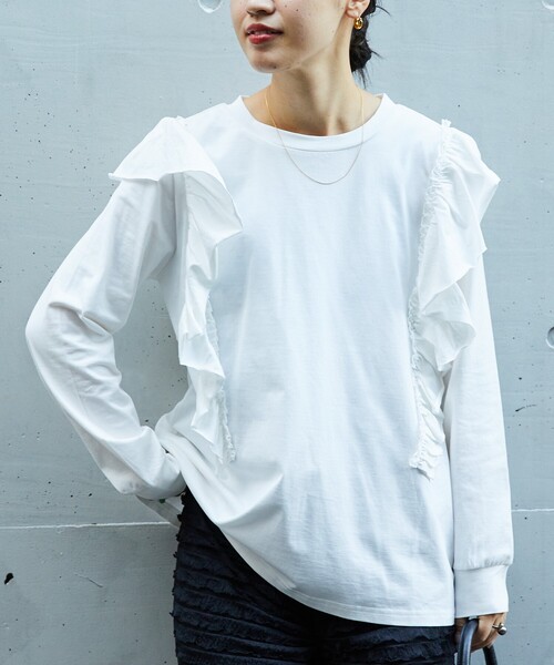 Firsthand（ファーストハンド）の「Firsthand/ファーストハンド オーガニックコットン天竺フリルトップス / ロングスリーブTシャツ（Tシャツ/カットソー・レディース・ベージュ/サックスブルー/ブラック/ホワイト・FREE）」の10枚目の写真