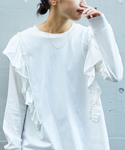 tシャツ Firsthand/ファーストハンド オーガニックコットン 袖フリル ロングスリーブTシャツ / 長袖TEE レディース Firsthand/オーガニックコットン 袖フリル ロングスリーブT