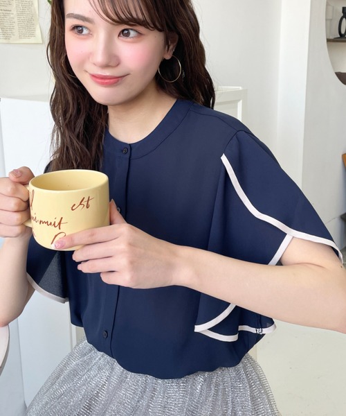 配色パイピング シャツ風半袖ニット フロントボタン 透け感 moment+（モーメントプラス）の「シフォンジョーゼット
