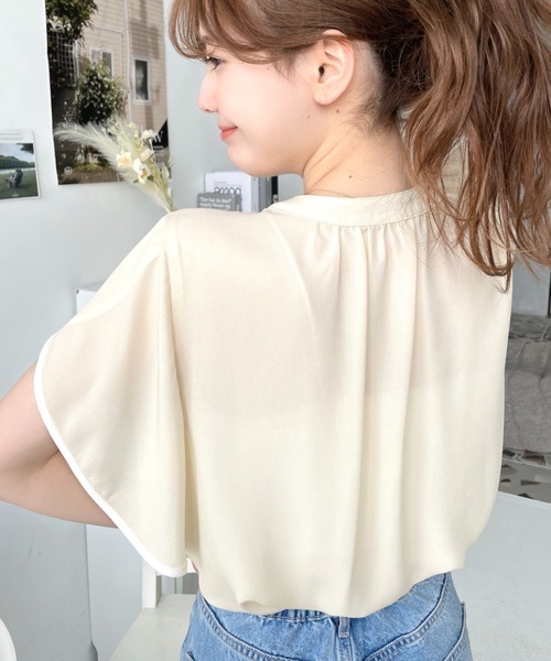 配色パイピング シャツ風半袖ニット フロントボタン 透け感 moment+（モーメントプラス）の「シフォンジョーゼット