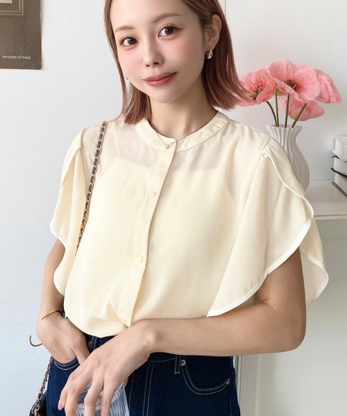 【美品】シフォン 半袖ブラウス moment+ ブラウス シャツ シフォンジョーゼット＆チュールダブル