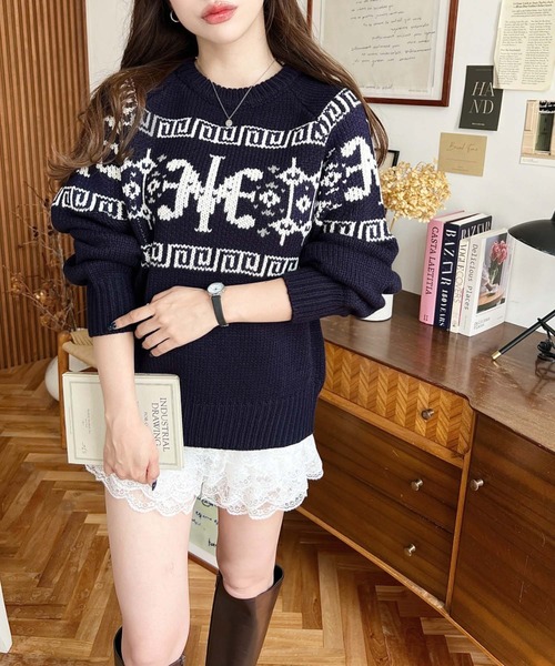 LOULOU select（ルルセレクト）の「ロゴチャイナ柄Wジャガードニット