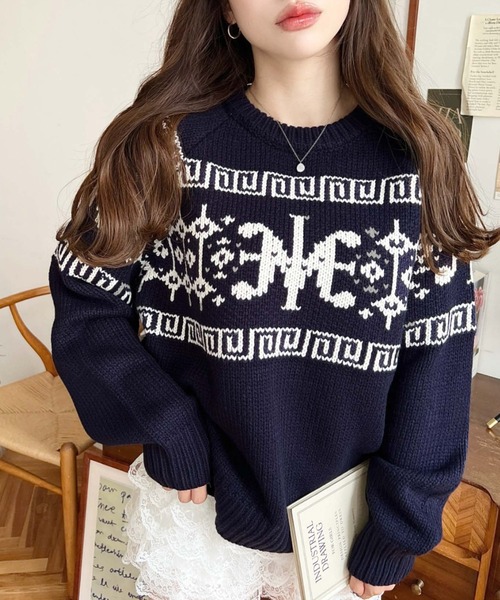 新品未使用★A.P.C.★ロゴジャガード　ラムウールニット セール】ロゴチャイナ柄Wジャガードニットプルオーバー（ニット