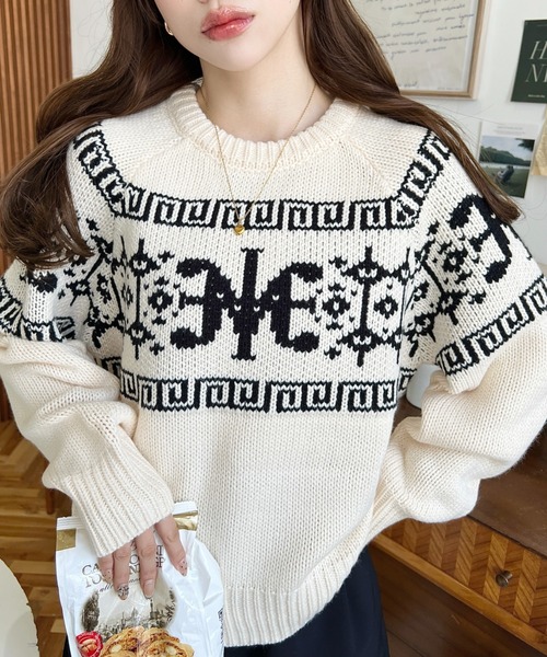 LOULOU select(ルルセレクト)の「ロゴチャイナ柄Wジャガードニットプルオーバー(ニット/セーター・レディース・アイボリー/レッド/チャコールグレー/ネイビー/ボルドー・M/L)」の14枚目の写真