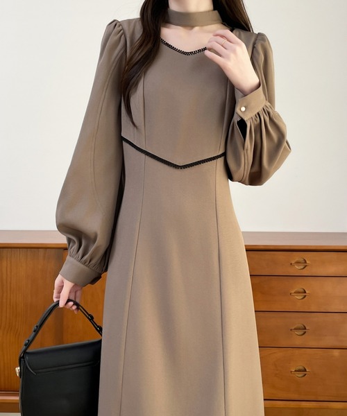 セール】ピコレースパイピングカットアウト長袖ロングワンピース