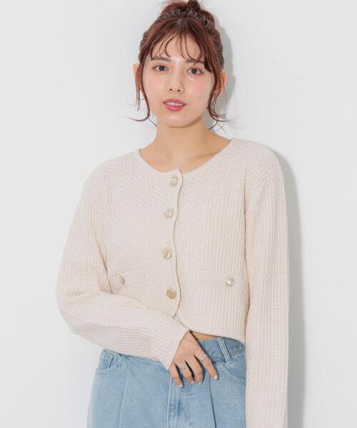 INGNI（イング）の「金ボタンツイード調ニットカーディガン（カーディガン/ボレロ・レディース・アイボリー/ブラック/グレー/ピンク系2・M）」の2枚目の写真
