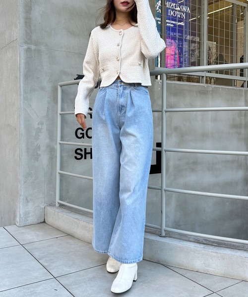 INGNI（イング）の「金ボタンツイード調ニットカーディガン（カーディガン/ボレロ・レディース・アイボリー/ブラック/グレー/ピンク系2・M）」の6枚目の写真