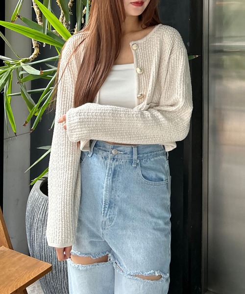 INGNI（イング）の「金ボタンツイード調ニットカーディガン（カーディガン/ボレロ・レディース・アイボリー/ブラック/グレー/ピンク系2・M）」の21枚目の写真